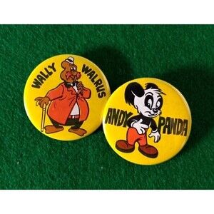 ANDY PANDA & WALLY WALRUS Walter Lantz‎ Cartoon Character Pinback Button Pin VTG